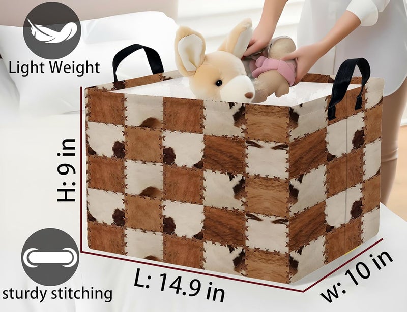 BOOHIT Checkered Kids Toy Basket Collapse Storage Bin with Handles Canvas Cow Fur Print Home Decor(Brown White) - Image 2